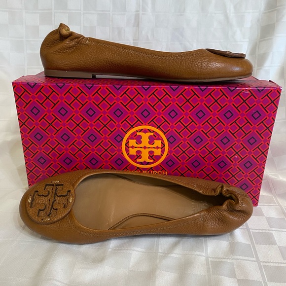 Tory Burch Travel Ballet Flats Tan Pebbled Leather Loafers, Size 9 1/2 - Picture 1 of 17